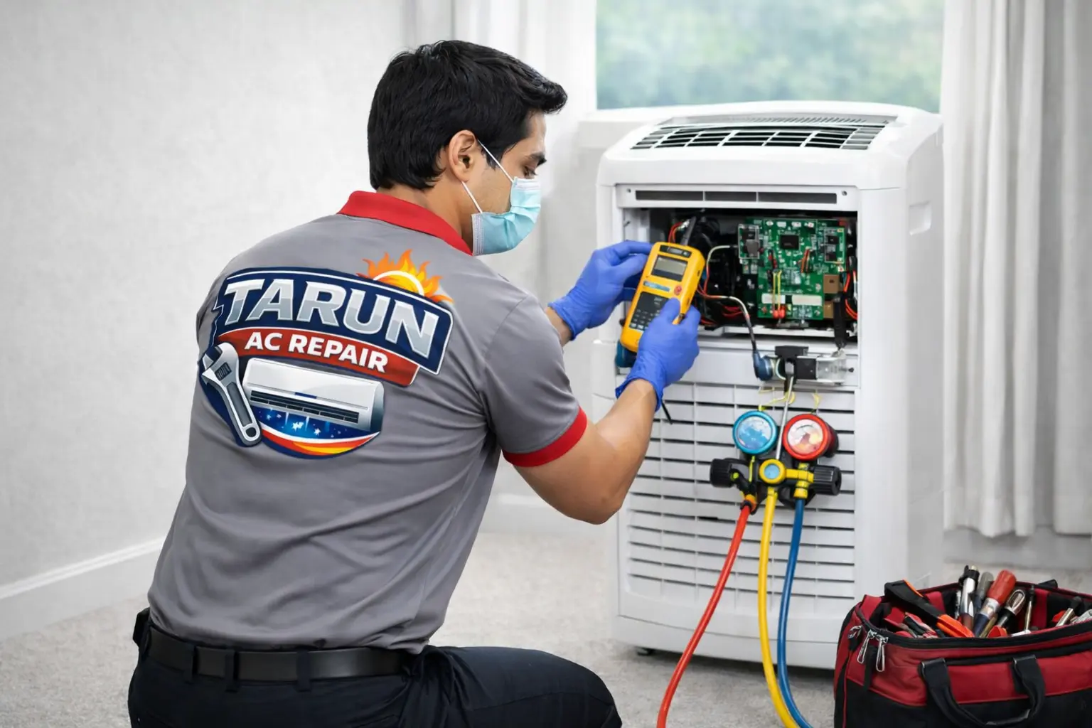 Technician installing or servicing portable air conditioner